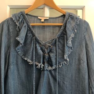 Denim  BOHO Peasant Shirt with Lace-Up Front and Fringe Cowgirl Rustic